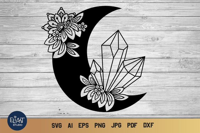 Moon SVG, Crystal SVG, Crescent Moon SVG with Crystals and Flowers. SVG Elinorka 