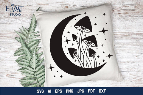 Moon SVG Design, Mystical Moon SVG, Crescent Moon SVG with Stars and Mushrooms. SVG Elinorka 