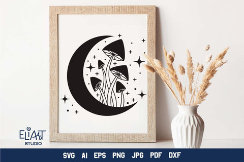 Moon SVG Design, Mystical Moon SVG, Crescent Moon SVG with Stars and Mushrooms. SVG Elinorka 