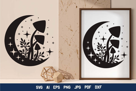 Moon SVG Design, Mystical Moon SVG, Crescent Moon SVG with Stars and Mushrooms. SVG Elinorka 