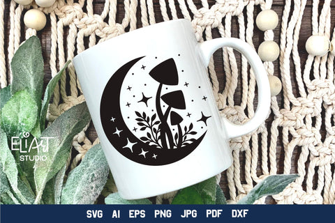 Moon SVG Design, Mystical Moon SVG, Crescent Moon SVG with Stars and Mushrooms. SVG Elinorka 