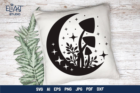 Moon SVG Design, Mystical Moon SVG, Crescent Moon SVG with Stars and Mushrooms. SVG Elinorka 