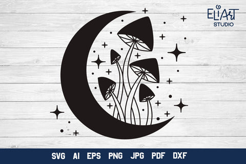 Moon SVG Design, Mystical Moon SVG, Crescent Moon SVG with Stars and Mushrooms. SVG Elinorka 