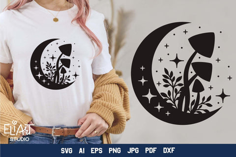 Moon SVG Design, Mystical Moon SVG, Crescent Moon SVG with Stars and Mushrooms. SVG Elinorka 