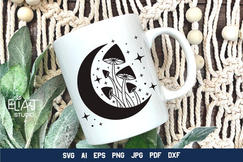 Moon SVG Design, Mystical Moon SVG, Crescent Moon SVG with Stars and Mushrooms. SVG Elinorka 