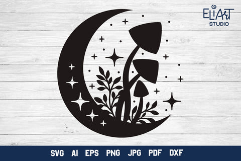 Moon SVG Design, Mystical Moon SVG, Crescent Moon SVG with Stars and Mushrooms. SVG Elinorka 