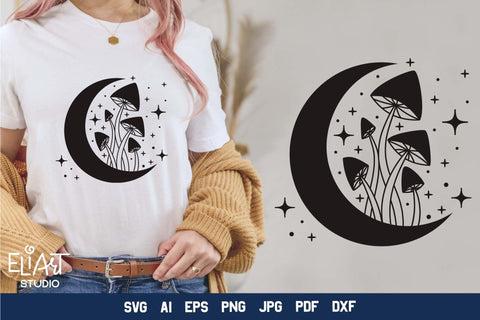 Moon SVG Design, Mystical Moon SVG, Crescent Moon SVG with Stars and Mushrooms. SVG Elinorka 