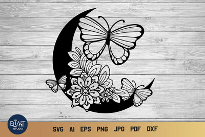 Moon SVG, Summer SVG, Butterfly SVG, Crescent Moon SVG with Flowers and Butterflies. SVG Elinorka 