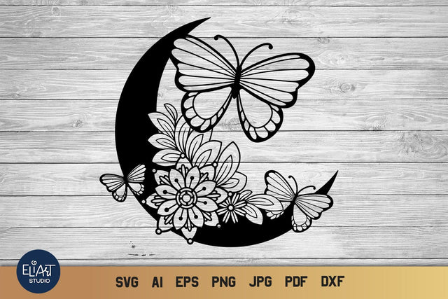 Moon SVG, Summer SVG, Butterfly SVG, Crescent Moon SVG with Flowers and Butterflies. SVG Elinorka 