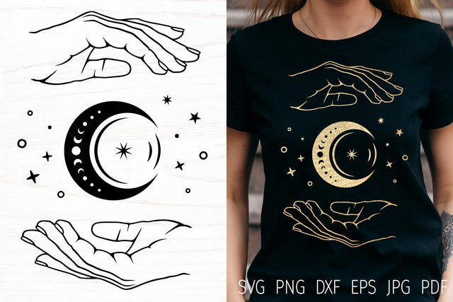 Moon svg with hands, celestial svg, mystical svg, magic svg SVG Digital Rainbow Shop 
