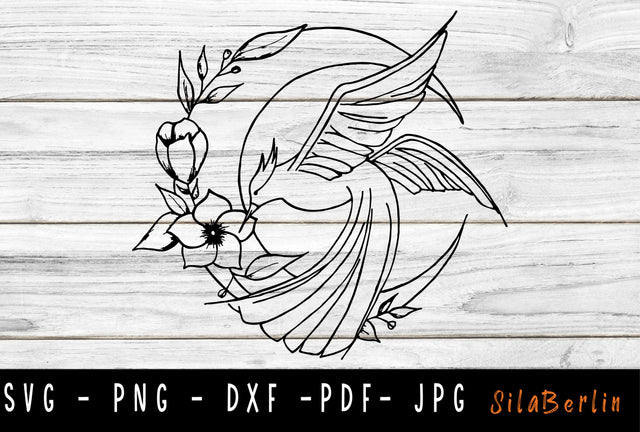 Moon Wildflowers & Bird SVG, Crescent Moon SVG, Half Moon svg, Cut Files, Floral Moon SVG, Flowers svg, Night Moon png, Instant Download SVG SilaBerlin 