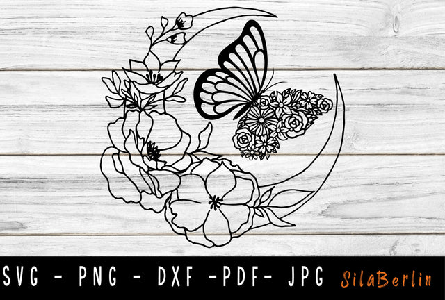 Moon Wildflowers & Butterfly SVG, Moon Svg, Floral Svg, Butterfly Flowers Svg, Floral Crescent Moon SVG SVG SilaBerlin 