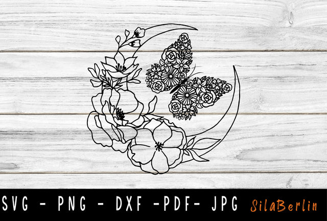 Moon Wildflowers & Butterfly SVG, Moon Svg, Floral Svg, Butterfly Flowers Svg, Floral Crescent Moon SVG SVG SilaBerlin 
