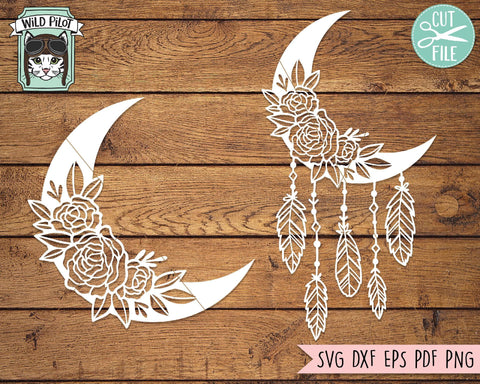 Moon With Flowers And Feathers SVG Cut File SVG Wild Pilot 