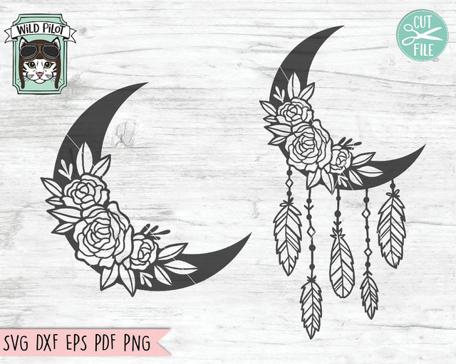 Moon With Flowers And Feathers SVG Cut File SVG Wild Pilot 