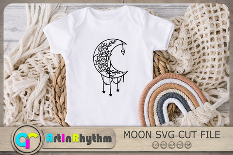 Moon with roses Svg, Crescent Moon Svg, Celestial Svg, Crystal Svg, Stars Svg SVG Artinrhythm shop 