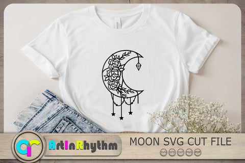 Moon with roses Svg, Crescent Moon Svg, Celestial Svg, Crystal Svg, Stars Svg SVG Artinrhythm shop 