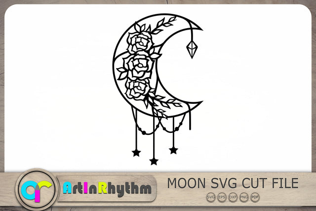Moon with roses Svg, Crescent Moon Svg, Celestial Svg, Crystal Svg, Stars Svg SVG Artinrhythm shop 