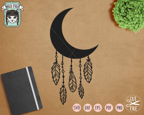 Moon Wolf Dreamcatcher SVG Cut File, Feathers SVG, Boho SVG, Bohemian SVG SVG Wild Pilot 