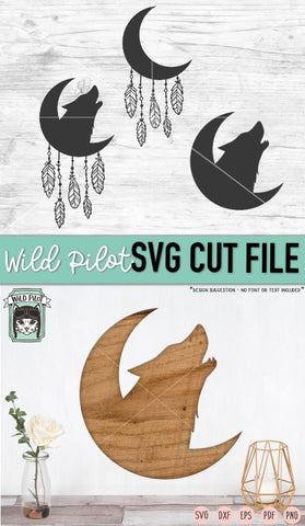 Moon Wolf Dreamcatcher SVG Cut File, Feathers SVG, Boho SVG, Bohemian SVG SVG Wild Pilot 