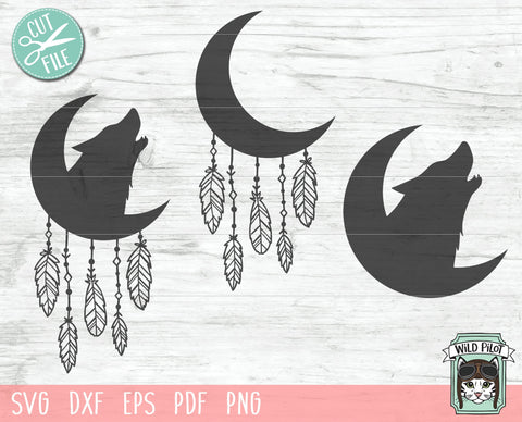 Moon Wolf Dreamcatcher SVG Cut File, Feathers SVG, Boho SVG, Bohemian SVG SVG Wild Pilot 