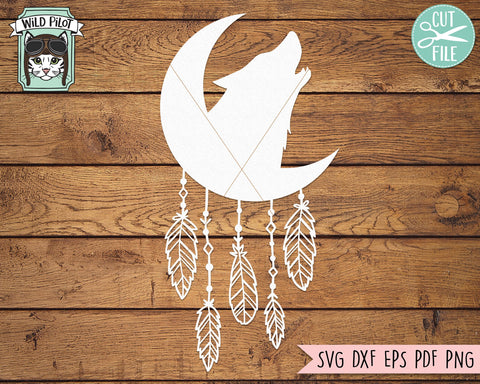 Moon Wolf Dreamcatcher SVG Cut File, Feathers SVG, Boho SVG, Bohemian SVG SVG Wild Pilot 