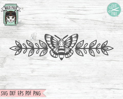 Moth Divider SVG File, Divider Cut File, Text Divider SVG, Line Break SVG, Moth svg File, Moth Cut File, Leaves svg, leaf svg, Moth Clipart SVG Wild Pilot 