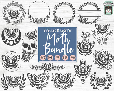 Moth SVG file Bundle, Mystical svg files, Moth Moon svg, Flower Moth, Floral Moth cut file, Witchy svg files, Hands SVG, Skull SVG, Wreath SVG, Monogram SVG SVG Wild Pilot 