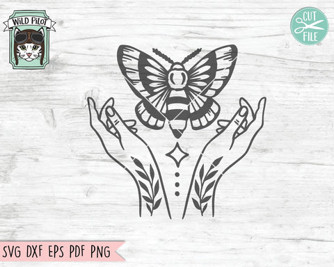 Moth SVG File, Mystical SVG, Witchy Hands SVG, Mystical Cut File, Moth Hands svg, Moth Hands Cut File, Laurel Leaves svg, Laurel Leaf svg SVG Wild Pilot 