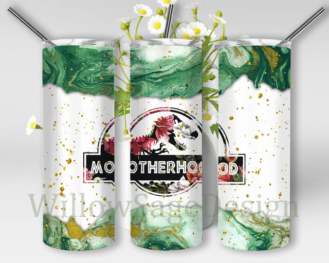 Motherhood Tumbler Png, Mother 20oz Skinny Tumbler, Motherhood Floral Tumbler Design, Green Agate Gold Glitter Tumbler, Dinosaurus Sublimation Design, Digital Download Sublimation WillowSageDesign 