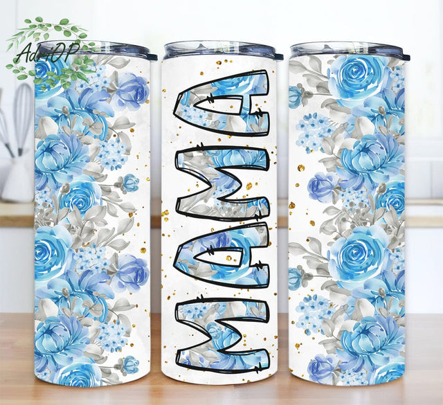 Mother's Day 20oz Skinny Tumbler Png, Floral Mama Sublimation Designs For Mother's Day, Seamless Mother Tumbler Template Png Blue Rose Tumbler Wraps Sublimation AdriOP 