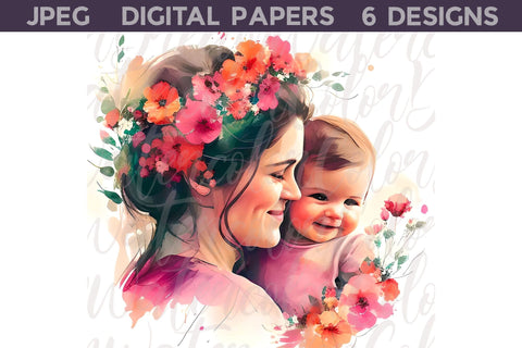 Mothers Day Digital Papers | Mama And Baby Illustration Digital Pattern WatercolorColorDream 