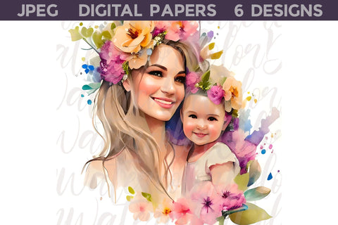 Mothers Day Digital Papers | Mama And Baby Illustration Digital Pattern WatercolorColorDream 