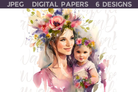 Mothers Day Digital Papers | Mama And Baby Illustration Digital Pattern WatercolorColorDream 