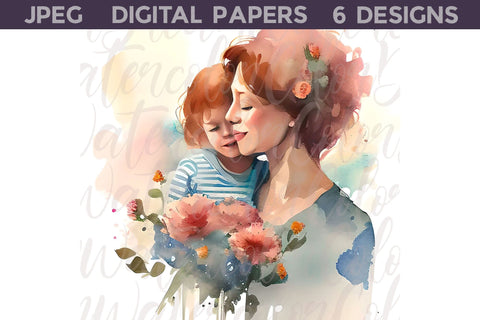 Mothers Day Digital Papers | Mama And Baby Illustration Digital Pattern WatercolorColorDream 