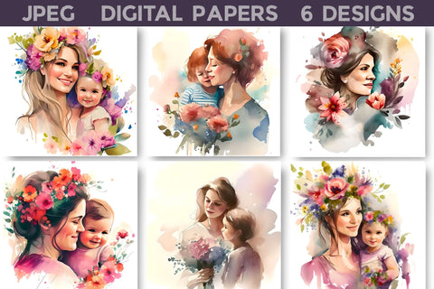 Mothers Day Digital Papers | Mama And Baby Illustration Digital Pattern WatercolorColorDream 