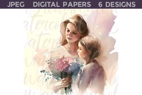 Mothers Day Digital Papers | Mama And Baby Illustration Digital Pattern WatercolorColorDream 