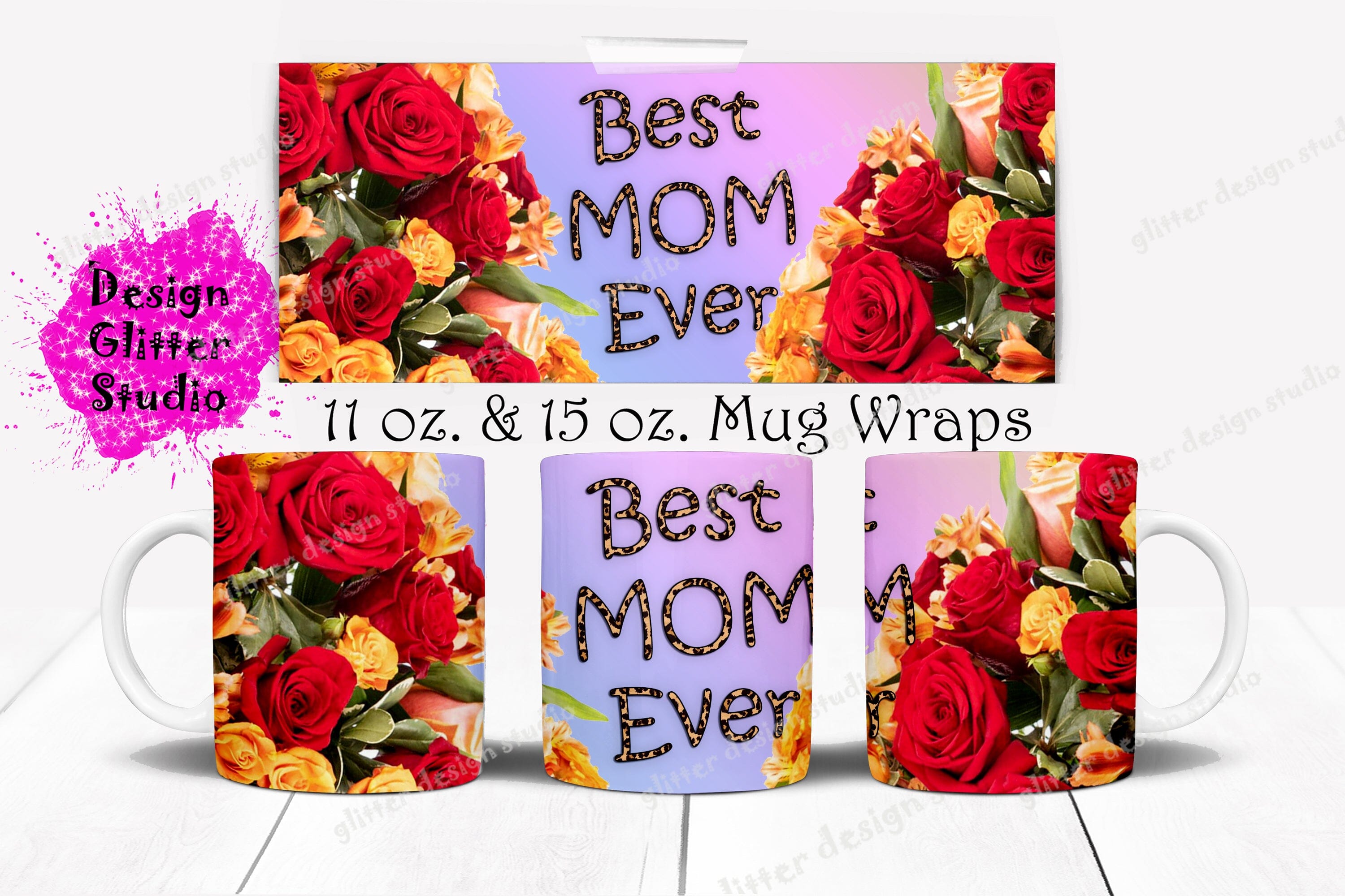 Floral mug sublimation design 15 oz Glitter full wrap design