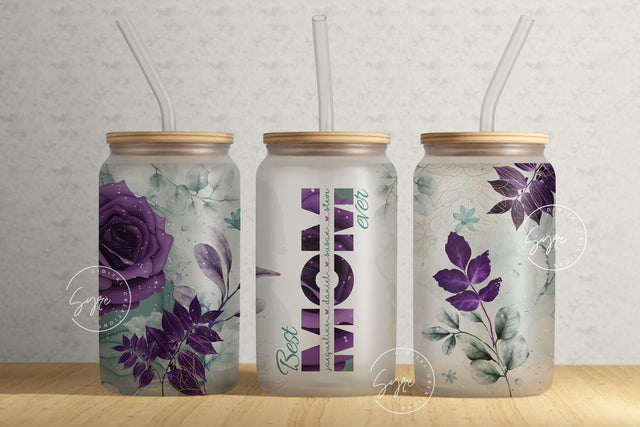 Mothers Day Gift, Floral 16 oz Libbey Glass Can Tumbler Sublimation Design, Add Your Own Name, Purple Flower Wrap, Best Mom Ever Tumbler Sublimation Syre Digital Creations 