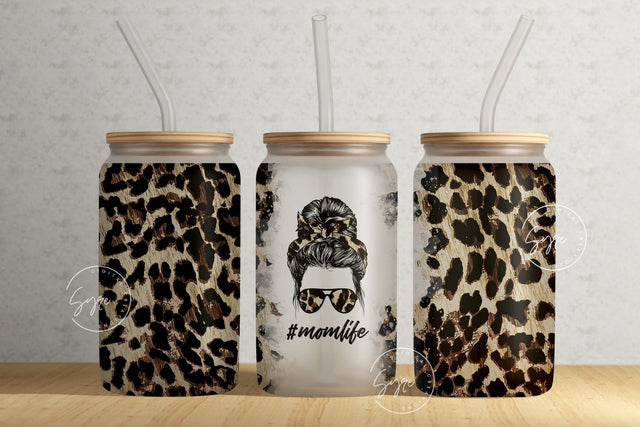 Mothers Day Gift, Floral 16 oz Libbey Glass Can Tumbler Sublimation, Leopard Print, Cheetah Design Wrap, Mom Life Tumbler, Gift for Mom Sublimation Syre Digital Creations 