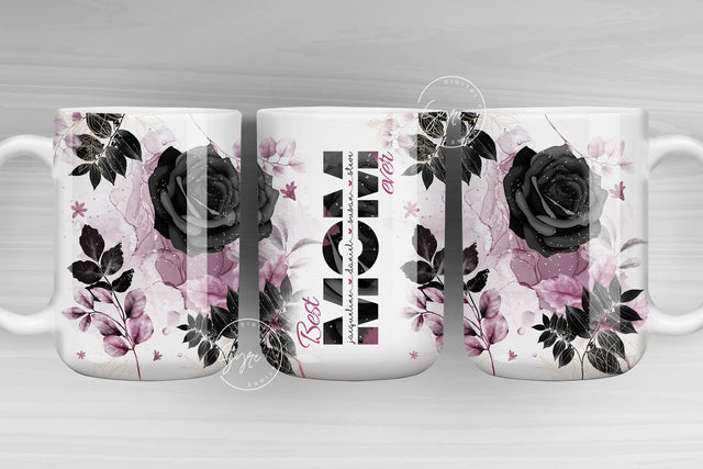 Mother's Day Mug Wrap Design, Add Kids Names, Black Rose Floral Mug, Mug For Mom, Gift for Mother, 11 & 15 Oz Mug Press Sublimation Sublimation Syre Digital Creations 