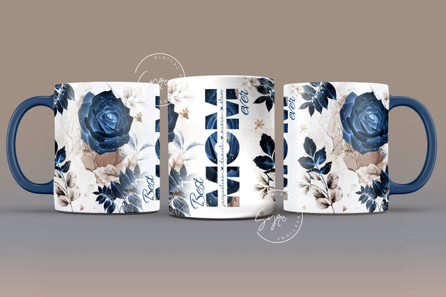 Mother's Day Mug Wrap Design, Add Kids Names, Blue Gold Floral Mug, Mug For Mom, Gift for Mother, 11 & 15 Oz Mug Cricut Press Sublimation Sublimation Syre Digital Creations 