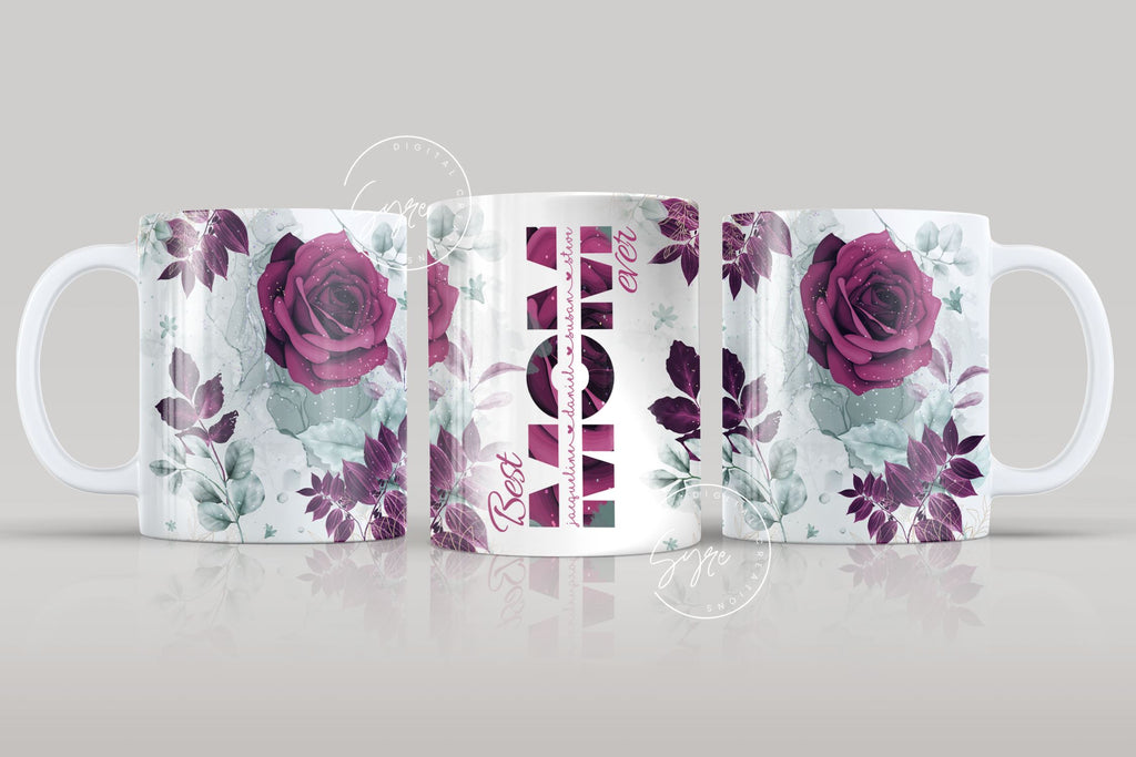 Mother's Day Mug Wrap Design, Add Kids Names, Red Gold Floral Mug, Mug ...