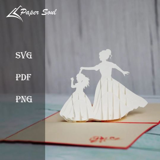 Mother’s day pop-up card template | Mother and daughter dancing card SVG papersoulcraft 