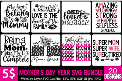 Mother's Day SVG Bundle,Happy Mother's Day 20 SVG Bundle,Mother's Day Sublimation Bundle , MOm 20 SVG Cut File, Mom Sublimation PNG Bundle, Mother's Day SVG Design Bundle SVG BlackCatsMedia 