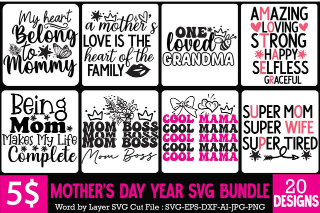 Mother's Day SVG Bundle,Happy Mother's Day 20 SVG Bundle,Mother's Day Sublimation Bundle , MOm 20 SVG Cut File, Mom Sublimation PNG Bundle, Mother's Day SVG Design Bundle SVG BlackCatsMedia 