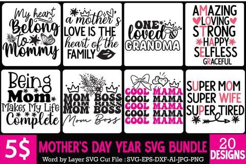 Mother's Day SVG Bundle,Happy Mother's Day 20 SVG Bundle,Mother's Day Sublimation Bundle , MOm 20 SVG Cut File, Mom Sublimation PNG Bundle, Mother's Day SVG Design Bundle SVG BlackCatsMedia 