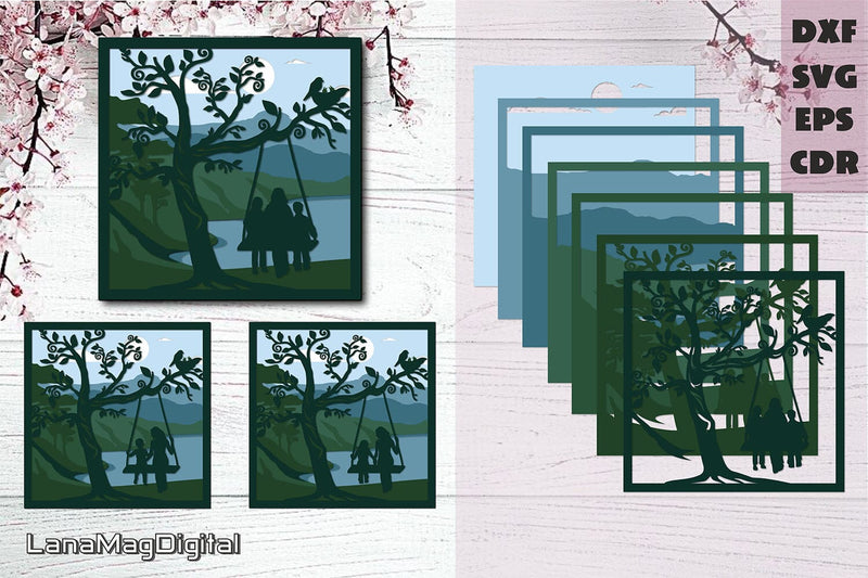 Mothers day svg, Layered tree swing svg, Mom with children 3D Paper LanaMagDigital 