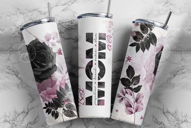 Mother's Day Tumbler Wrap PNG, Add Kids Names, Black Rose Tumbler, Floral Seamless Sublimation Designs Downloads, 20oz Skinny Tumbler Design Sublimation Syre Digital Creations 