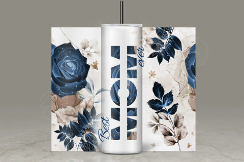 Mother's Day Tumbler Wrap PNG, Add Kids Names, Blue Gold Floral Tumbler, Seamless Sublimation Designs Downloads, 20 oz Skinny Tumbler Design Sublimation Syre Digital Creations 